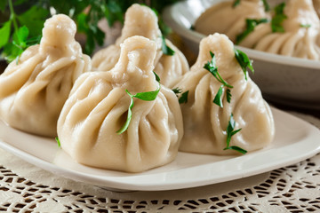 Georgian dumplings - Khinkali (Chinkali) with minced meat and herbs
