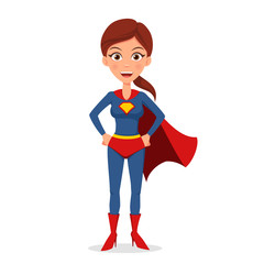 Vector illustration cartoon character. Superhero woman in a suit with a red raincoat, isolated on white background. Flat style.