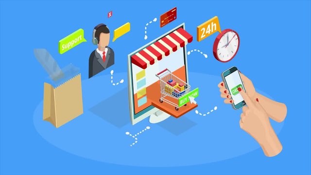 Online shopping process animation with isometric icons available in 4k UHD FullHD and HD 3d loopable realistic video footage