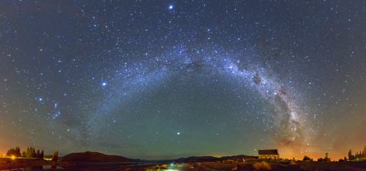 Panorama Milky way at the Church of the Good Shepherd, Lake Tekapo, New Zealand - Powered by Adobe