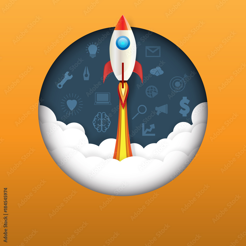 Poster business startup concept.rocket ship launch icon business strategy concept.vector illustration.