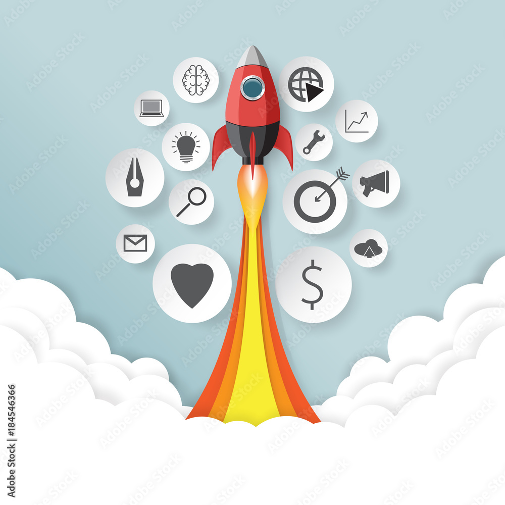 Poster rocket launch.with start up business concept paper art style.vector illustration.