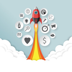 Rocket launch.With start up business concept paper art style.Vector illustration.