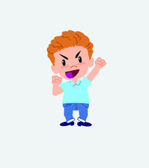 Blond boy in jeans cheering enthusiastically.