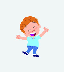 Blond boy in jeans exulting in happiness