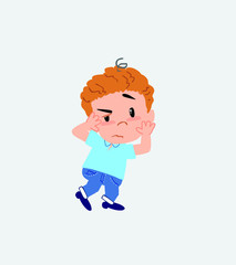 Blond boy in jeans something sick and dizzy.