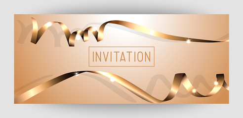 Horizontal gift gold design background with ribbons and balls for invitation, voucher. For a banner, postcards. flyer, label, certificate, company card. Merry New Year and Happy Christmas. Vector.
