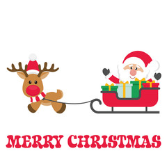 Fototapeta na wymiar cartoon christmas deer vector with sleigh and santa claus and text