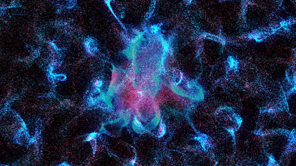 Colorful Particles dispersing and twisting. High quality clip rendered on high end computer and graphics card. 3d rendering