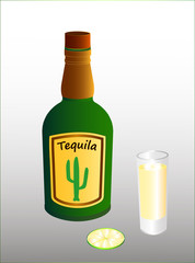 A bottle of Mexican alcoholic tequila drink, a full glass and lime slice. The shape of the bottle and the label are invented. Vector illustration