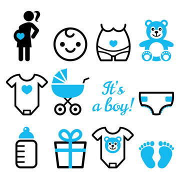 Baby boy shower vector icons set, pregnant womant with boy, newborn baby design 