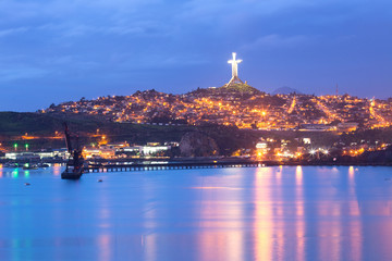 Panoramic view of Coquimbo and the Third Millennium Cross on top of the El Vigia hill.