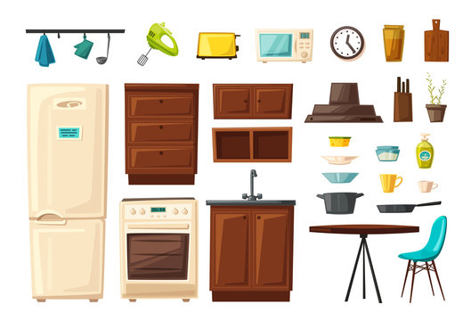 Set of kitchen interior with furniture and tools. Cartoon vector  illustration Stock Vector | Adobe Stock