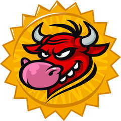 Cartoon head of a bull. Vector illustration of a mascot head. Emblem for printing. A horned cute animal. Image is isolated on white background.