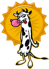 Cartoon cute cow. Emblem for printing. A horned cute animal. Image is isolated on white background. Funny animal mascot. A hilarious character for a game or a cartoon.