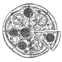 Italian pizza, Pizza design template hand drawn vector illustration realistic sketch