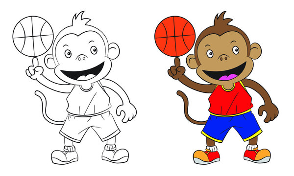 cartoon monkey playing basketball . Both in separate layers for easy editing and coloring