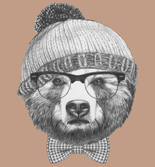 Portrait of Hipster, portrait of Bear with glasses, hat and bow tie,  hand-drawn illustration