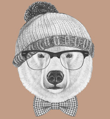 Portrait of Polar Bear with hat and scarf, hand-drawn illustration