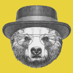Portrait of Bear with,  hand-drawn illustration