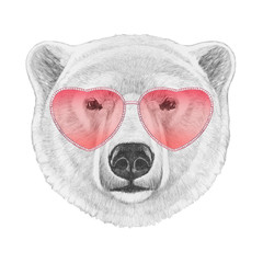 Polar Bear in Love! Portrait of Polar Bear with sunglasses, hand-drawn illustration
