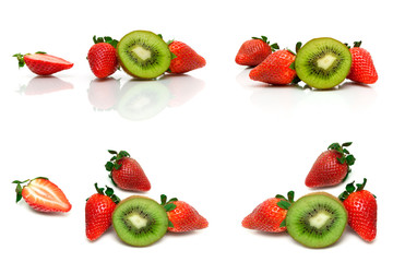 fresh strawberry and juicy kiwi on white background