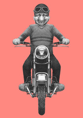 German Shepherd rides motorcycle,  hand-drawn illustration
