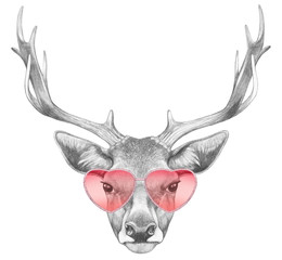 Deer in Love! Portrait of Deer with sunglasses, hand-drawn illustration