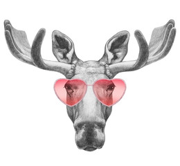 Moose in Love! Portrait of  Moose with sunglasses, hand-drawn illustration