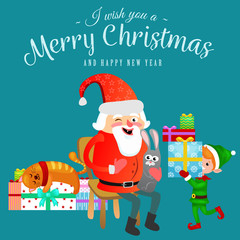 santa claus in red hat with beard sits on chair with hare in hand which makes wish, cat lies elf prepares gifts, marry of christmas and happy new year vector illustration