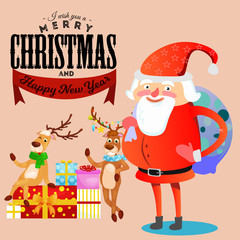 kid in hands of Santa Claus makes wish, man in red suit and beard with bag of gifts behind him climbs into chimney, sleigh reindeer harness drive Christmas mood, merry snowman vector illustration
