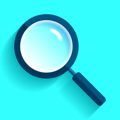 Search loupe icon in flat style, magnifying glass on color background. Vector design object for you project 