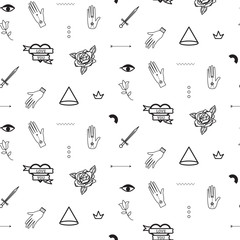 Doodle hipster flash tattoo style seamless vector pattern. Simple outline black and white line style background.