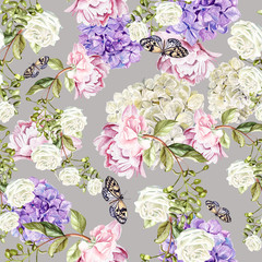 Beautiful watercolor pattern with flowers  hudrangea, peony and roses.