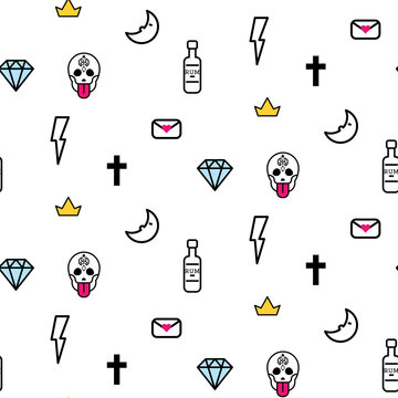 Doodle hipster lightning, skull eye and diamond seamless vector pattern. Simple outline tattoo style background.