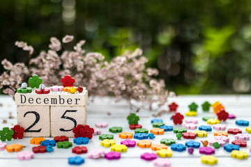 Wooden calendar show date of December 25 , Christmas day .There are dry flower and mini bear in the background