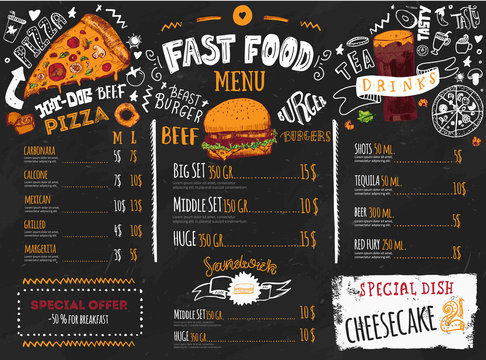 Fast food menu design on dark chalkboard with lettering and doodle style sketches. Vector creative junk kitchen illustration.