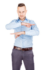 businessman  looking and pointing finger  gesture . happiness, gesture, emotions and people concept. Image on white  studio background.