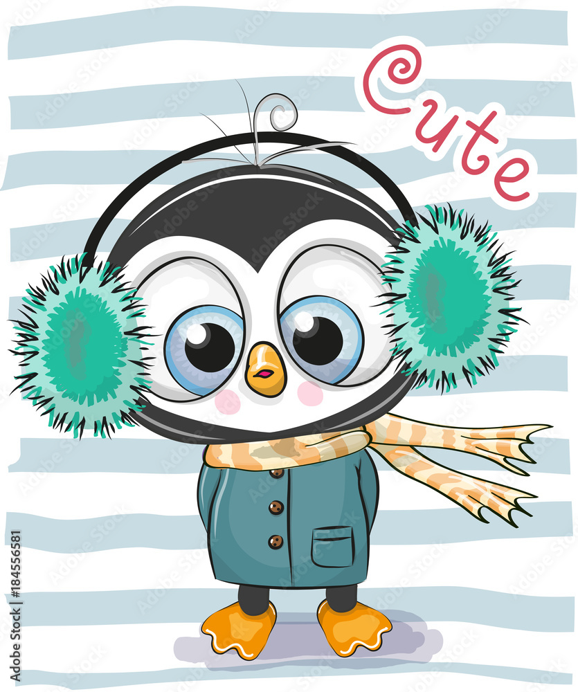 Wall mural cute cartoon penguin boy in a fur headphones