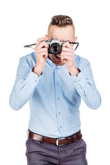 photographer with old retro film  camera. isolated on white background