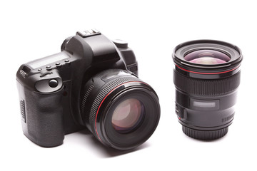 Fototapeta premium close up a mirror camera with lens on a white background