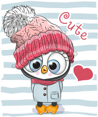 Fototapeta premium Cute Cartoon Penguin girl in a hat