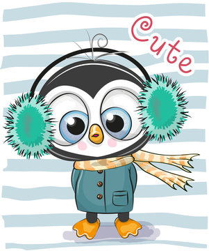 Cute Cartoon Penguin boy in a fur headphones