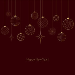 Ornament of decorative light New Year's golden balls for Christmas and New Year Pattern for postcard invitation advertising Winter background Graphic template with the text of Happy New Year Vector