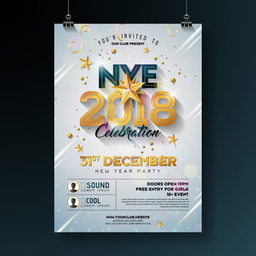 2018 New Year Party Celebration Poster Template Illustration with Shiny Gold Number on White Background. Vector Holiday Premium Invitation Flyer or Promo Banner.
