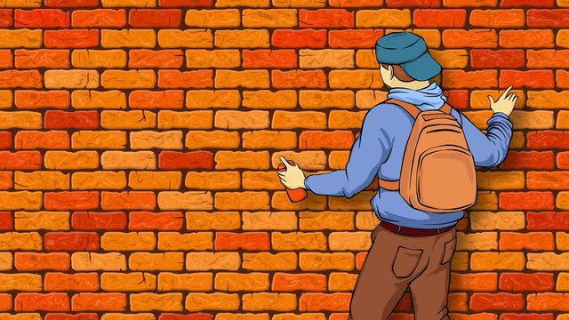 Pop word written on the wall of red brick. Graffiti. Retro comics. 2d animation rendering