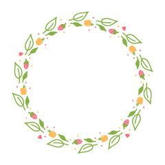 Fototapeta premium Spring, summer cute colorful round frame with leaves and fruits isolated on white background.