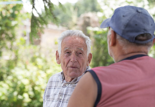 Two senior men talking in park