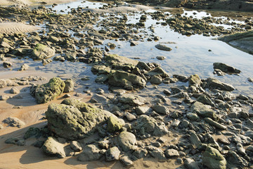 View of rocky Nang Thong Beach at low tide in Khao Lak, Thailand.