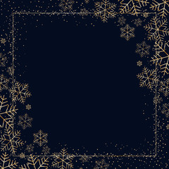 Winter dark festive background with golden snowflakes for Christmas and New Year Decorative snow pattern for postcard invitation advertising Empty template wallpaper Element of design Vector graphic